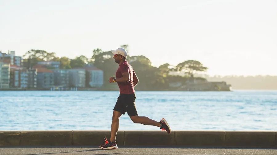 Active man jogging outdoors in athletic wear, demonstrating comfort and movement during exercise