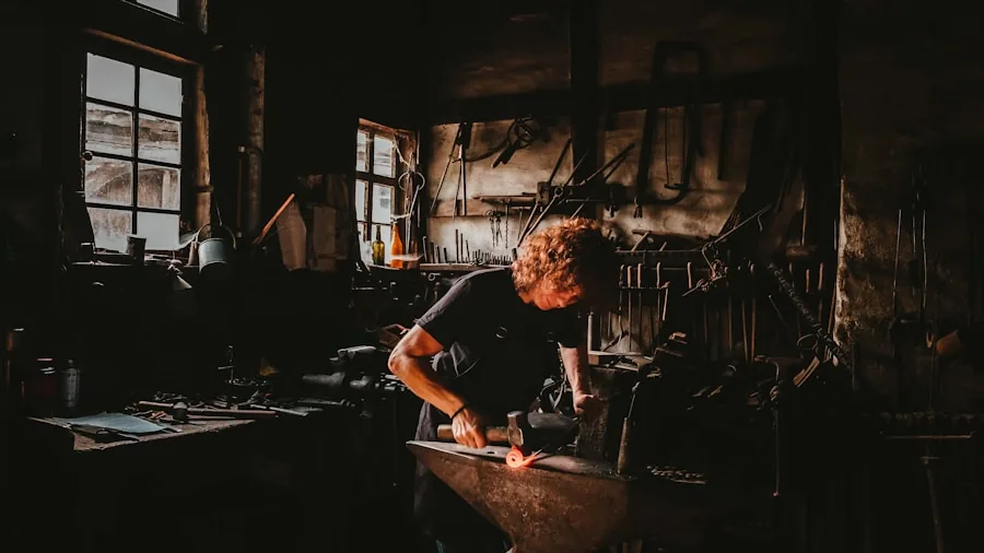 Artisan carefully carving detailed woodwork in natural workshop setting with tools