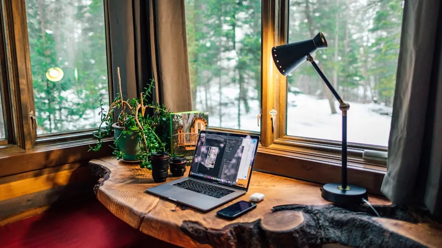 Bright home office with desk setup and natural window light creating an inspiring work environment