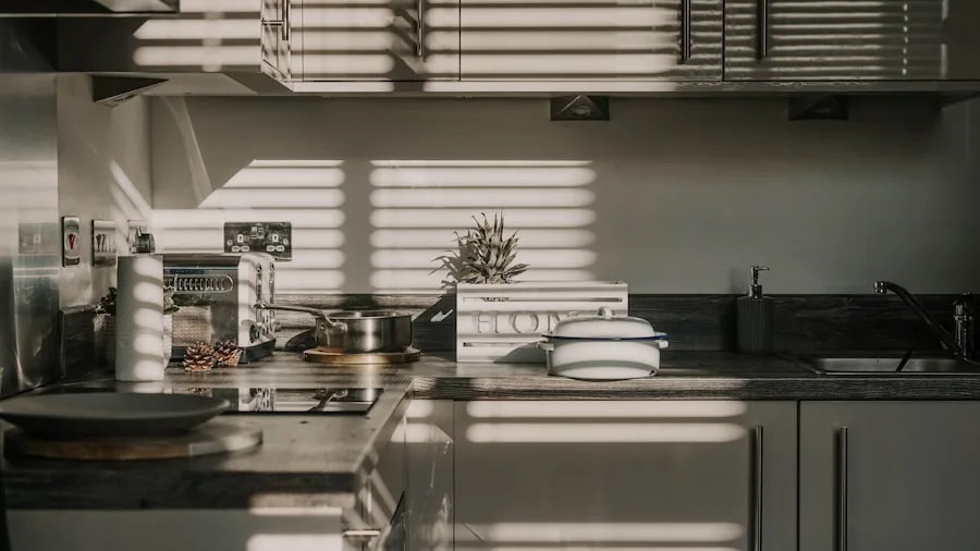 Bright kitchen with natural morning light illuminating countertop workspace for food preparation