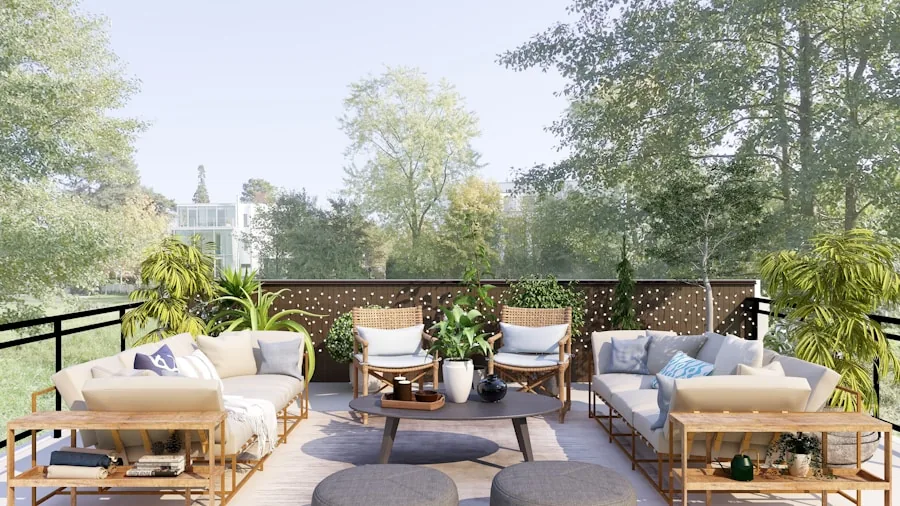 Casual outdoor patio area with comfortable seating and entertainment setup during daytime