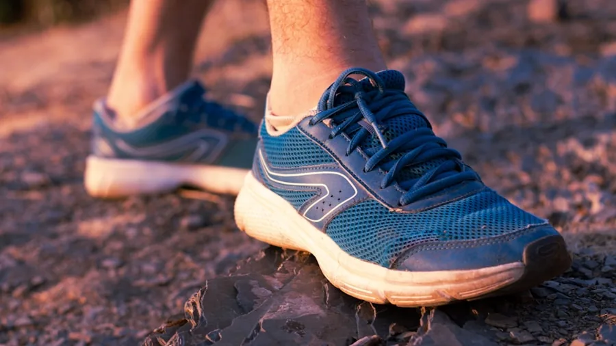Close-up of a runner's feet in breathable mesh running shoes during outdoor exercise