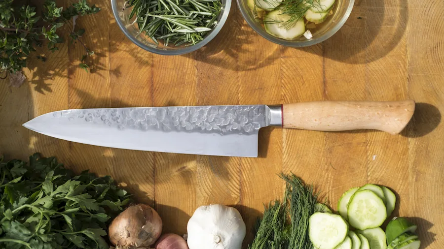 Close-up of a sharp chef's knife blade showing steel construction and edge detail in a professional kitchen setting