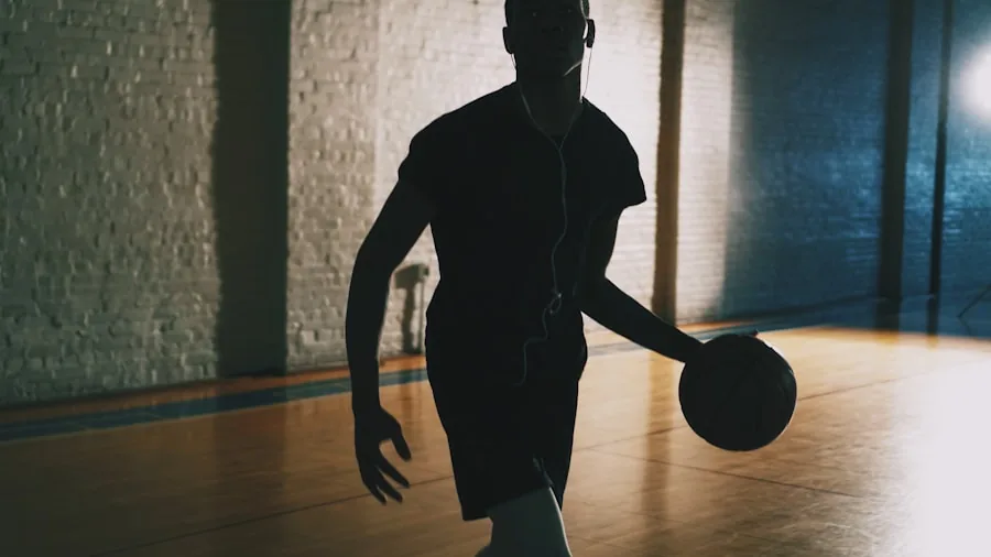 Close-up of basketball player's shoes on wooden court during dynamic movement and play