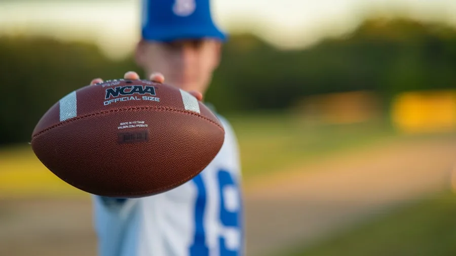Close-up of football player's hands gripping and catching a football during outdoor practice