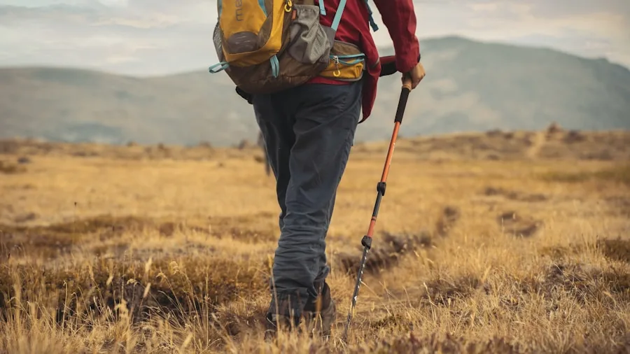 Close-up of hiker's feet and legs on a mountain trail during a long-distance trek