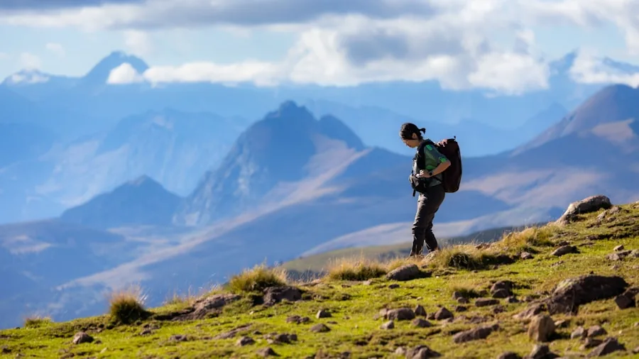 Close-up of hiking boot on rocky mountain terrain during outdoor trek