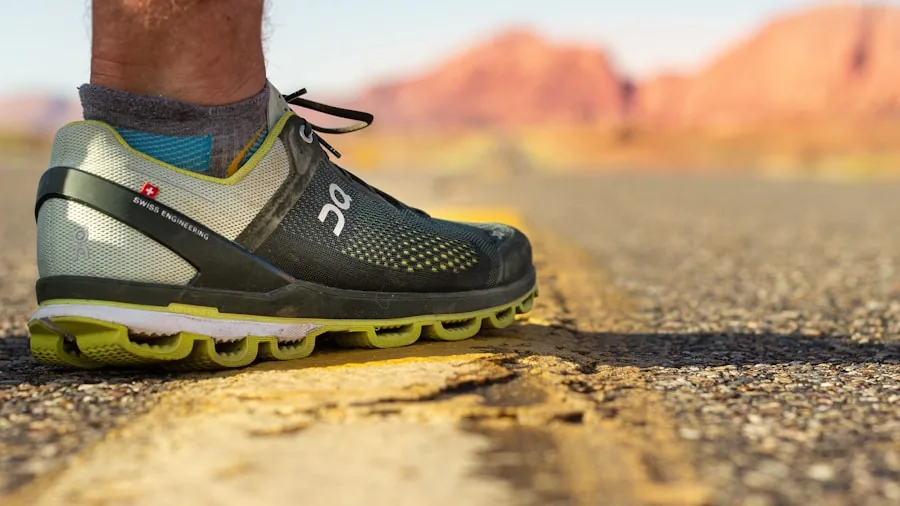 Close-up of runner's feet in breathable mesh shoes during outdoor run, showing athletic footwear in action