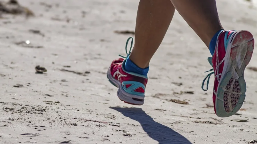 Close-up of runner's foot striking ground during outdoor running session