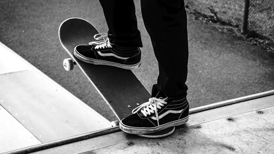The %product_count% Best Skate Shoes 3 Close-up of skateboarder's feet on board showing grip tape texture and sole contact during trick