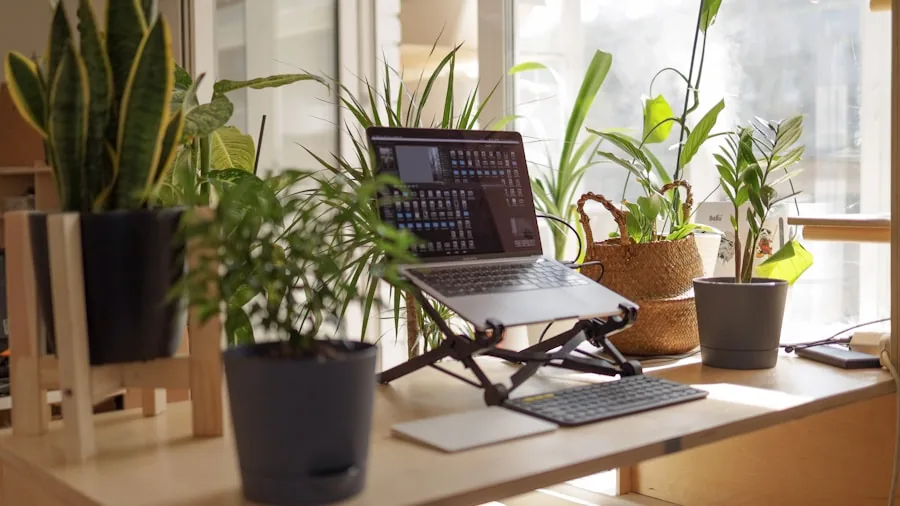 Compact home office with rolling chair in minimal bedroom workspace