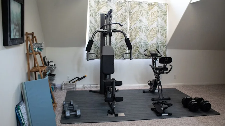 Compact home workout area with organized exercise equipment in a minimalist apartment bedroom