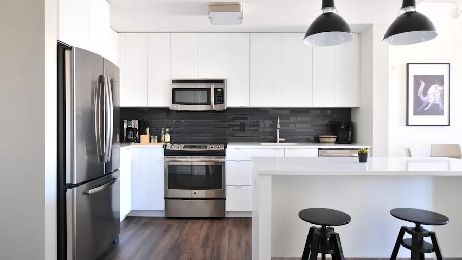 The %product_count% Best French Door Refrigerators 5 Contemporary kitchen interior featuring stainless steel refrigerator and countertops in busy household setting
