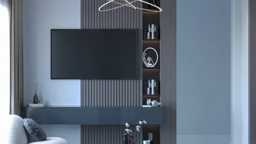 Contemporary living room with large wall-mounted TV above entertainment console and comfortable seating