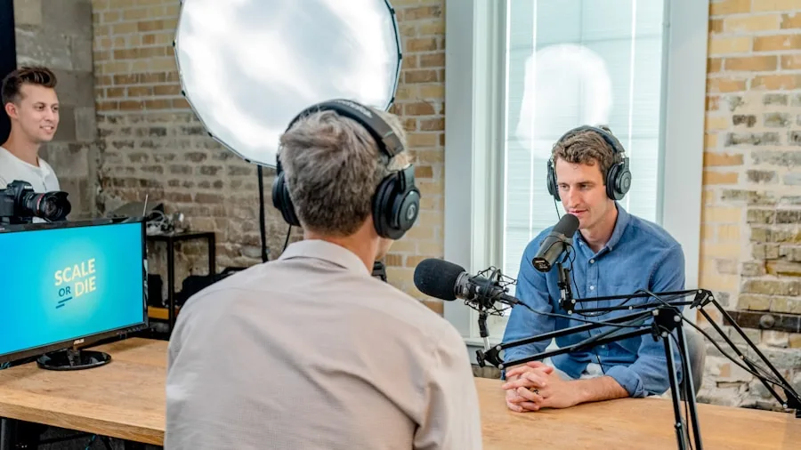 Content creator wearing headphones while speaking into microphone during podcast recording session