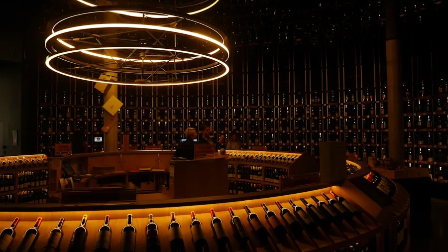 Elegant wine bottles displayed behind glass with warm ambient lighting in a modern home interior