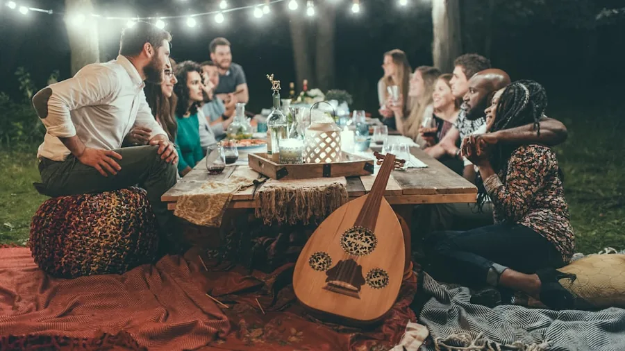 Family and friends enjoying food around a backyard grill during a casual outdoor gathering