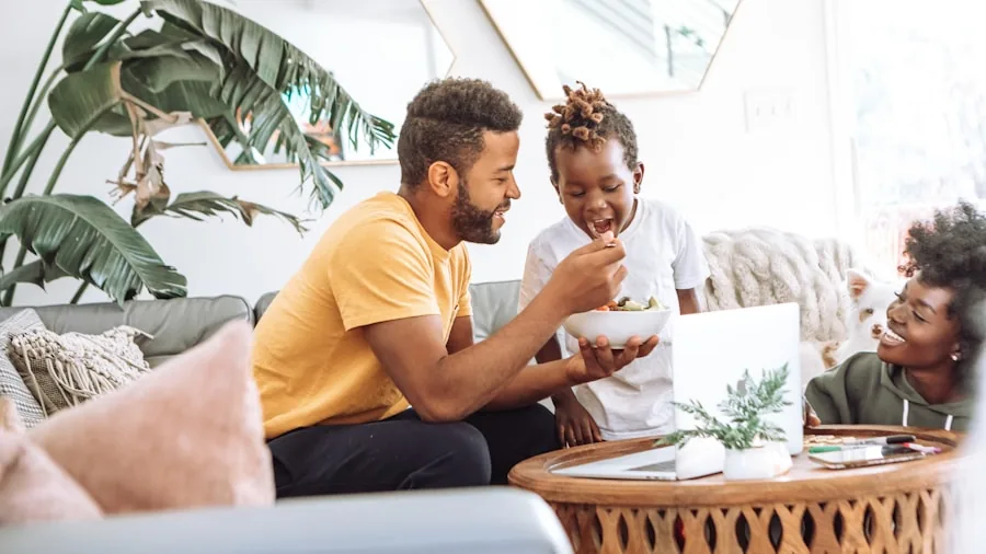 The %product_count% Best Samsung TVs 6 Family discussing TV options in living room while shopping for home entertainment