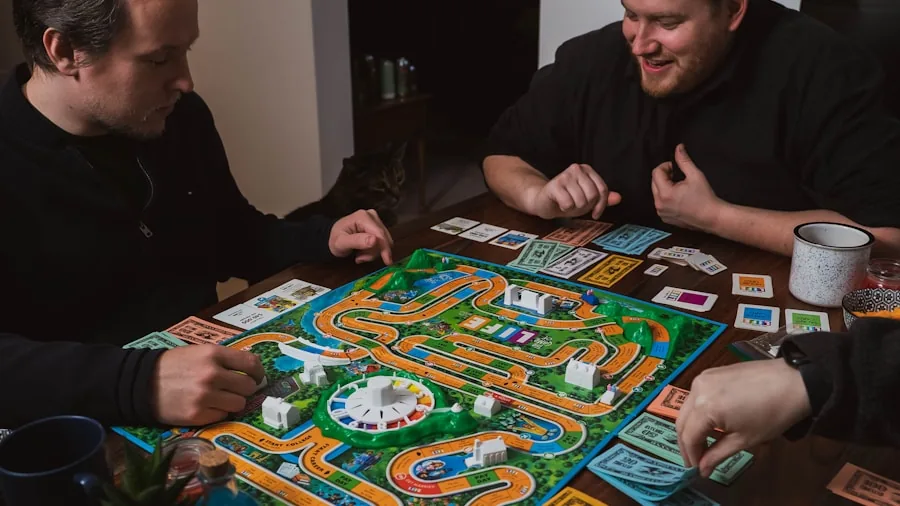 Family enjoying a board game night with dice and game pieces on table