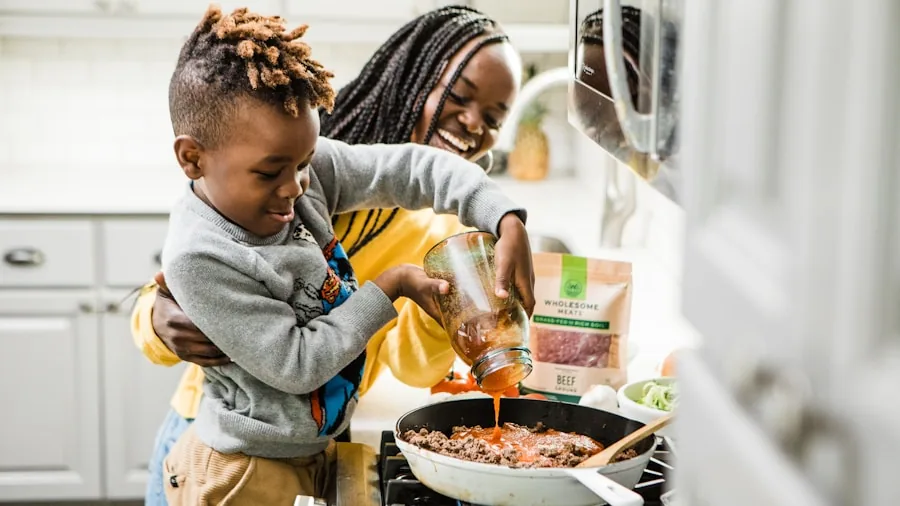 Family gathered around kitchen table sharing a home-cooked skillet meal