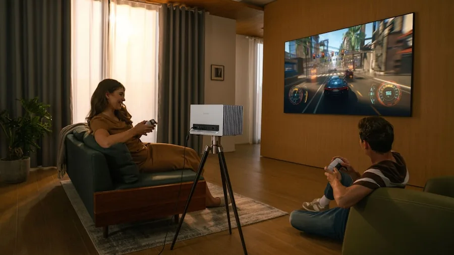 Family gathered in living room enjoying surround sound entertainment system