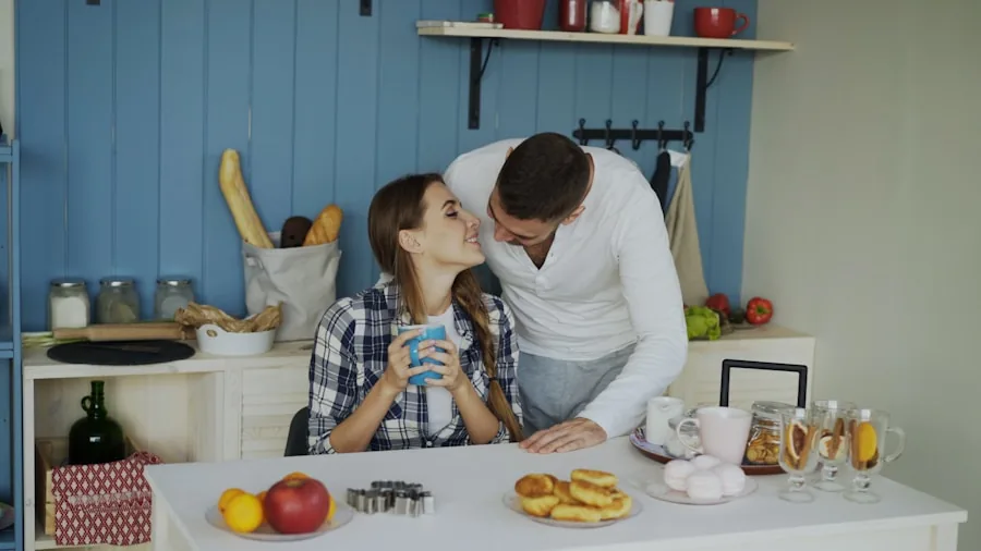 Family members enjoying coffee together in a bright kitchen during morning routine