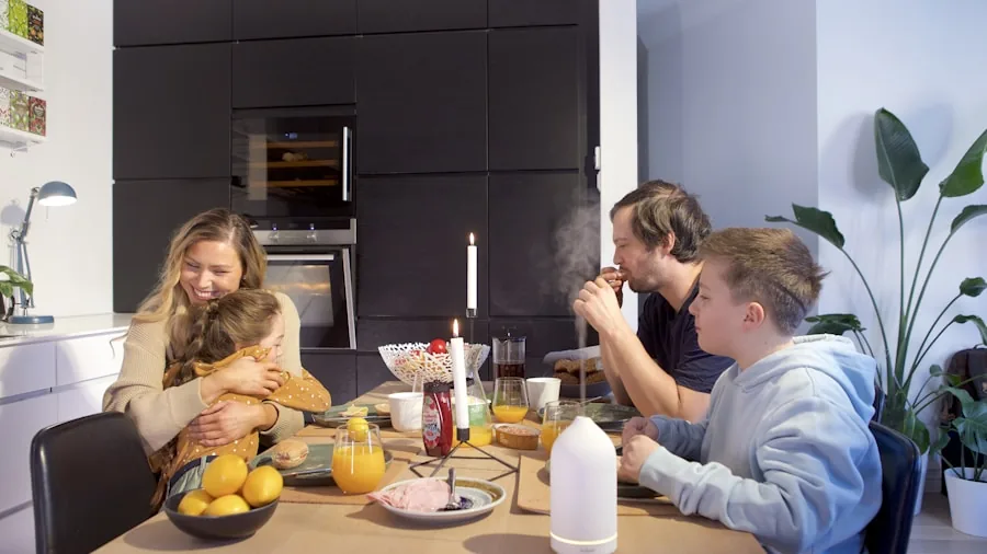 Family members gathered in bright kitchen preparing fresh smoothies and drinks together at counter