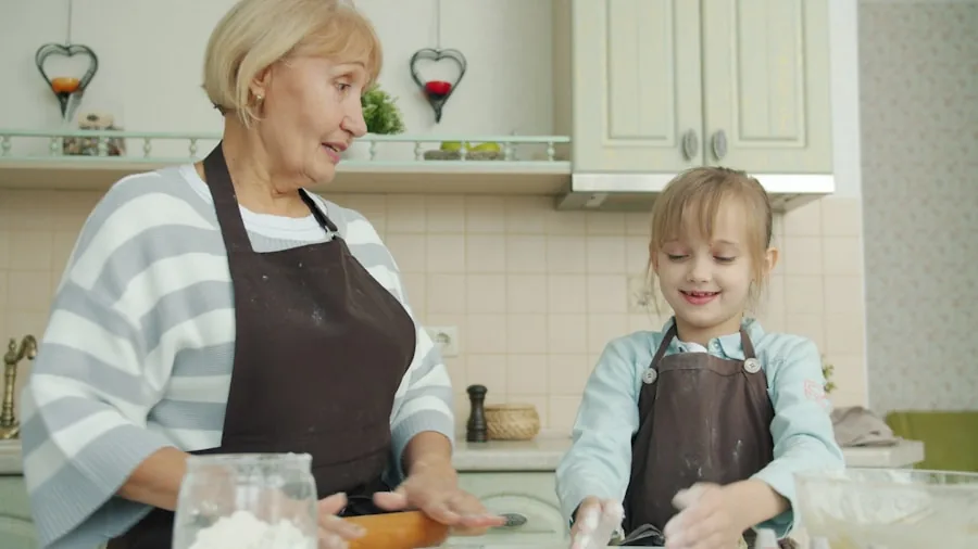 Family members preparing food together in a bright, modern kitchen during mealtime