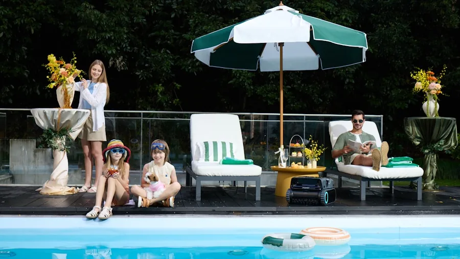 The %product_count% Best Pool Cleaners 2 Family members relaxing in a clean, well-maintained backyard swimming pool on a sunny day