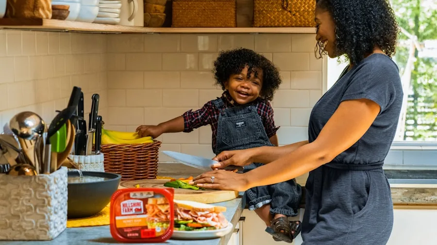 Family preparing meal together in modern kitchen