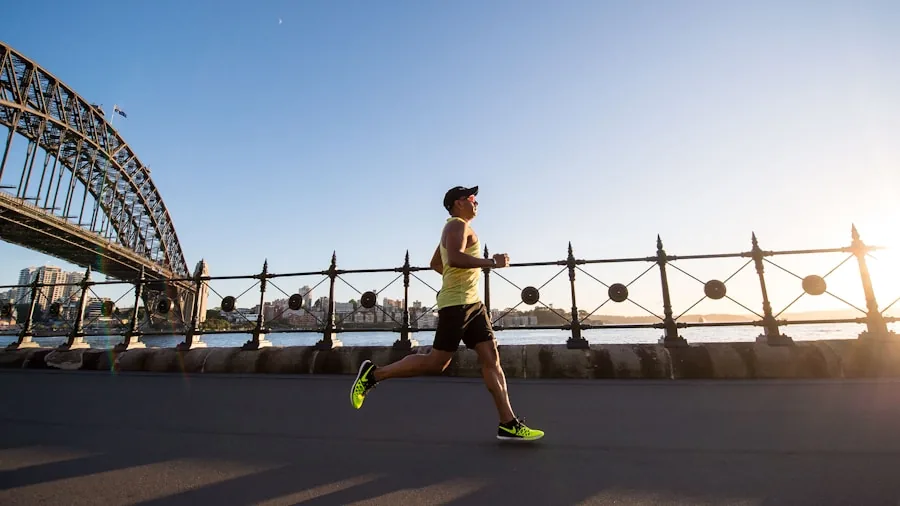 Female runner in motion on paved path, demonstrating proper running form and stride technique