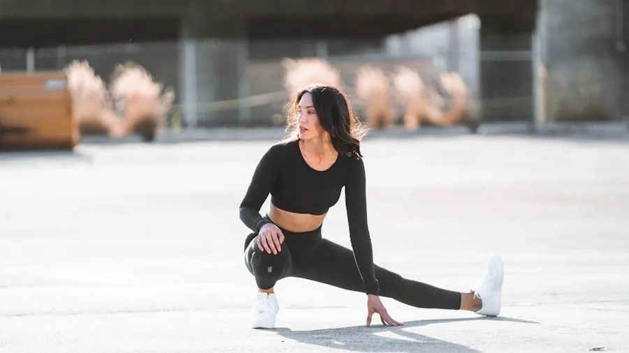 The %product_count% Best Sports Bras for Running 4 Female runner stretching legs before outdoor running workout on sunny day
