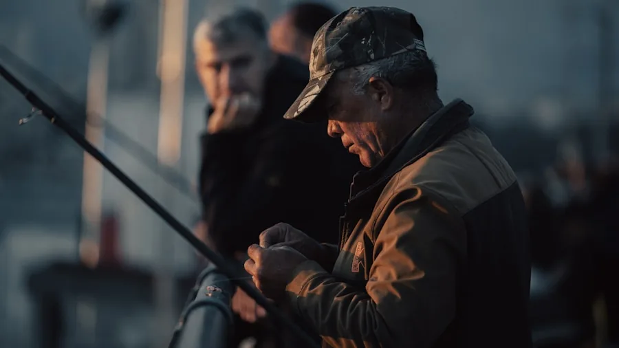 Fisherman examining fishing rod blank construction and materials by the water