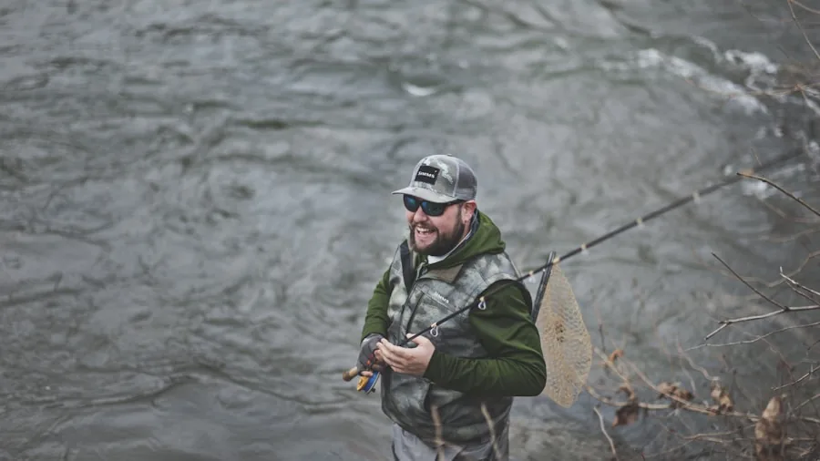 The %product_count% Best Fishing Lures for Trout 2 Fisherman holding and inspecting various fishing lures by the stream in natural daylight