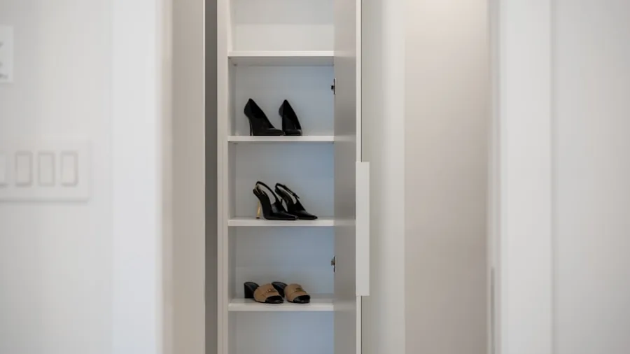 Folding chair stored compactly in home closet space for convenient portability and organization