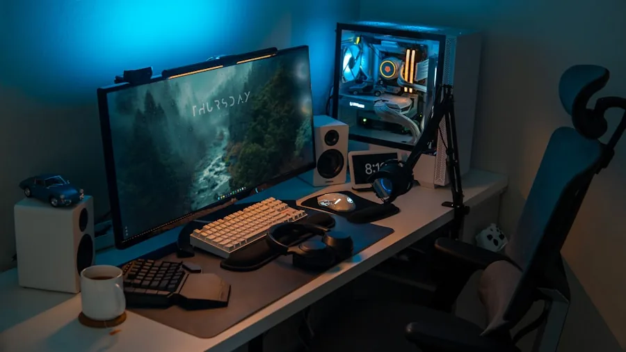 Gamer sitting at desk with multiple monitors and gaming peripherals during intense gameplay session