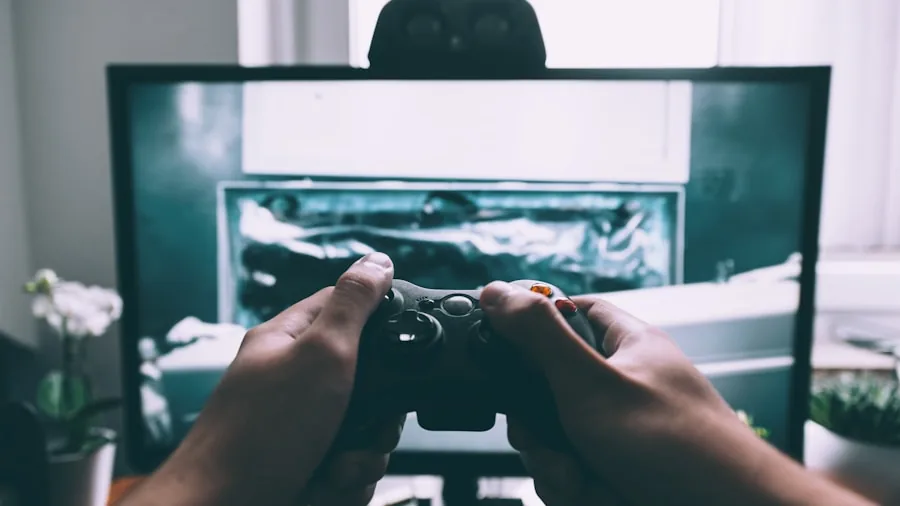 Gamer wearing earbuds during extended gaming session, focused on screen