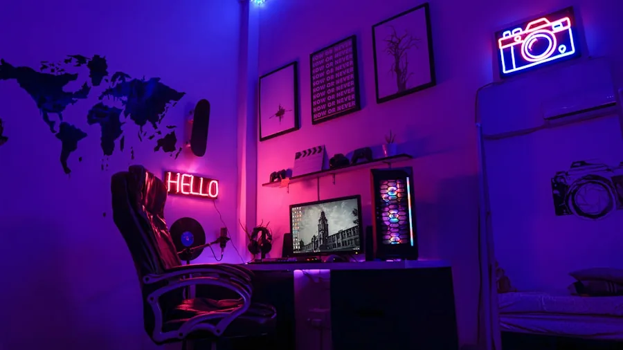 Gamer working at computer desk with multiple monitors in home office environment