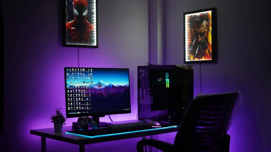 The %product_count% Best Motherboards for Gaming 6 Gamer workspace with monitor and keyboard on wooden desk in modern room