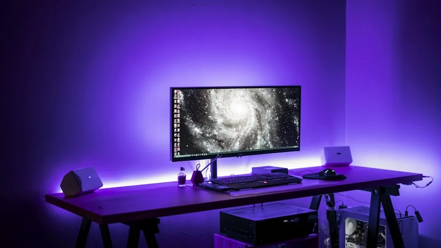 The %product_count% Best Mouse for Gaming 6 Gamer's desk with RGB lighting and neon glow creating atmospheric gaming environment