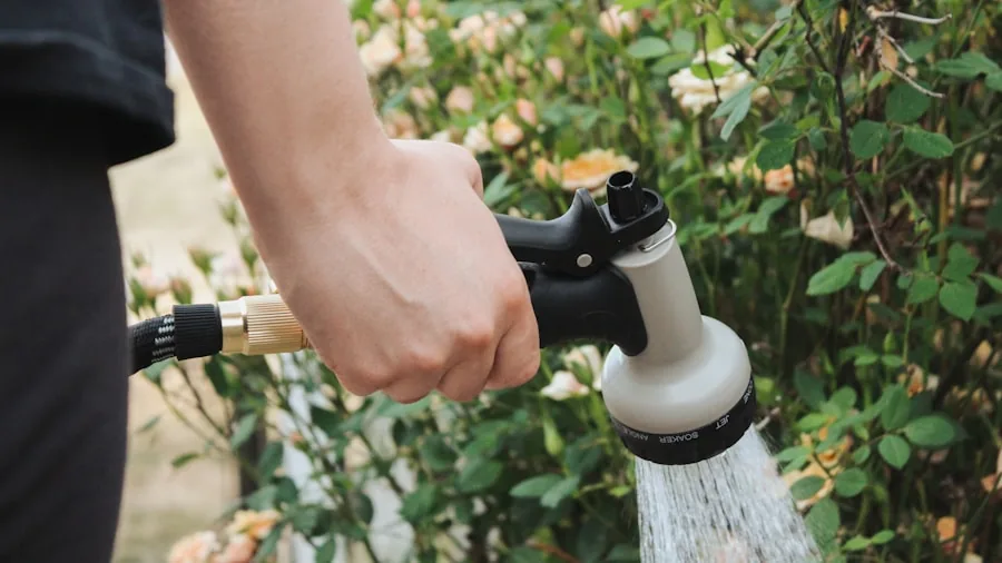 The %product_count% Best Garden Hoses 4 Gardener using a hose to water plants in a residential garden on a sunny day