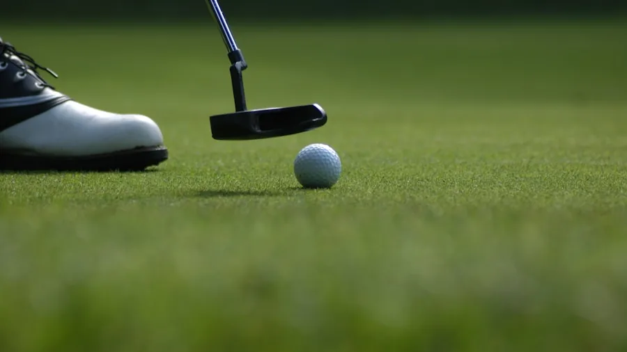Golfer examining and comparing different golf bags at the course to find best value option