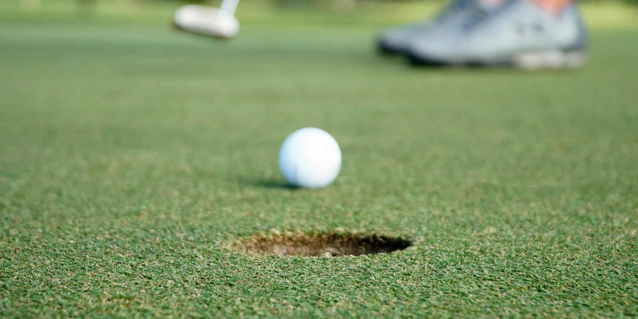 Golfer in action putting on green grass fairway during sunny day on golf course