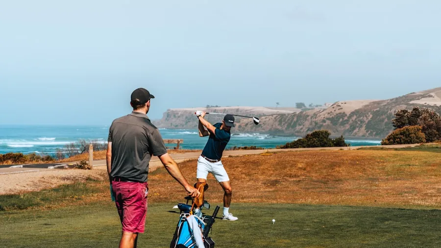 Golfer inspecting golf bag material and stitching quality in outdoor course setting