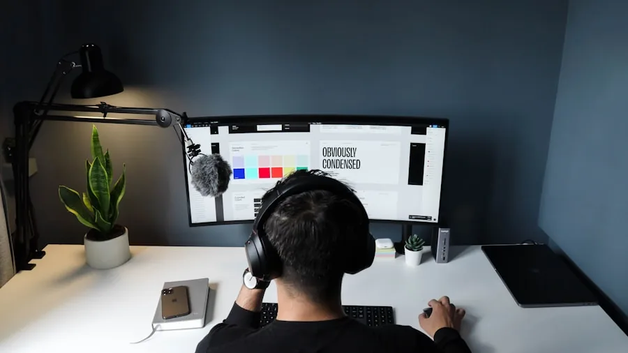 Graphic designer reviewing vibrant colors on professional monitor in creative workspace