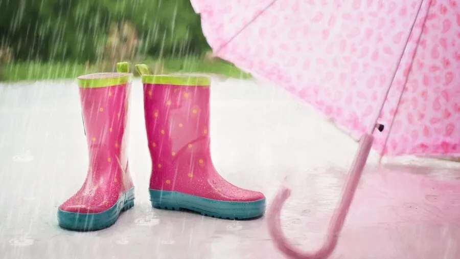 Hiker wearing waterproof boots walking on wet mountain trail during rain