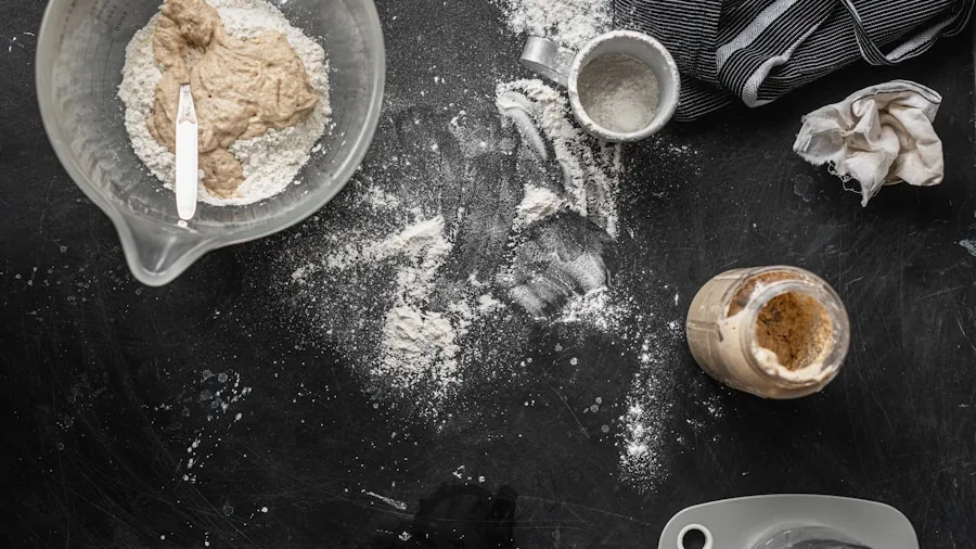Home baker measuring flour and ingredients for bread dough on kitchen counter