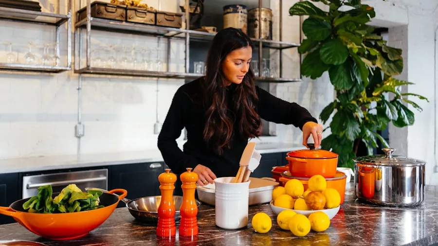 Home cook carefully preparing meal in modern kitchen with safety focus