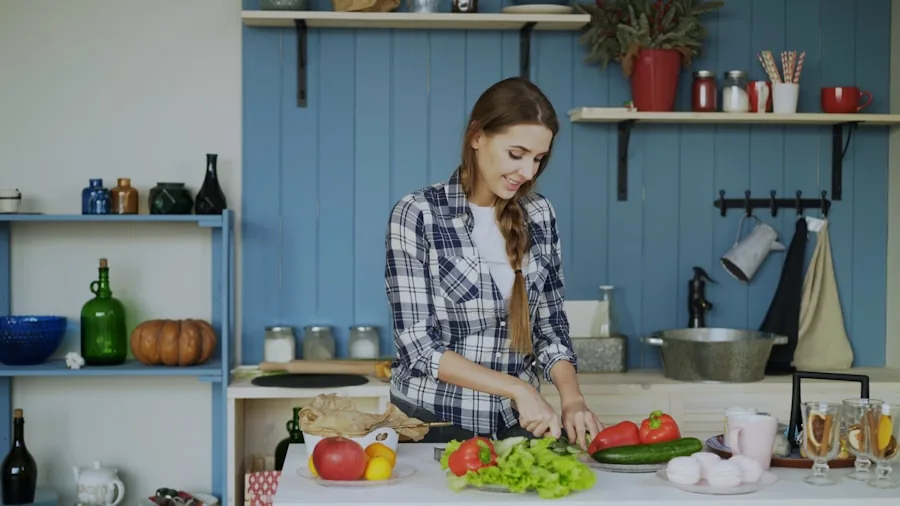 Home cook chopping vegetables and prepping ingredients at a modern kitchen sink workstation