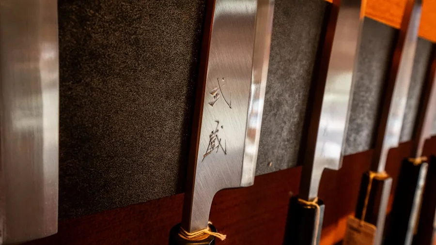 Home cook inspecting the blade quality of a kitchen knife in natural lighting
